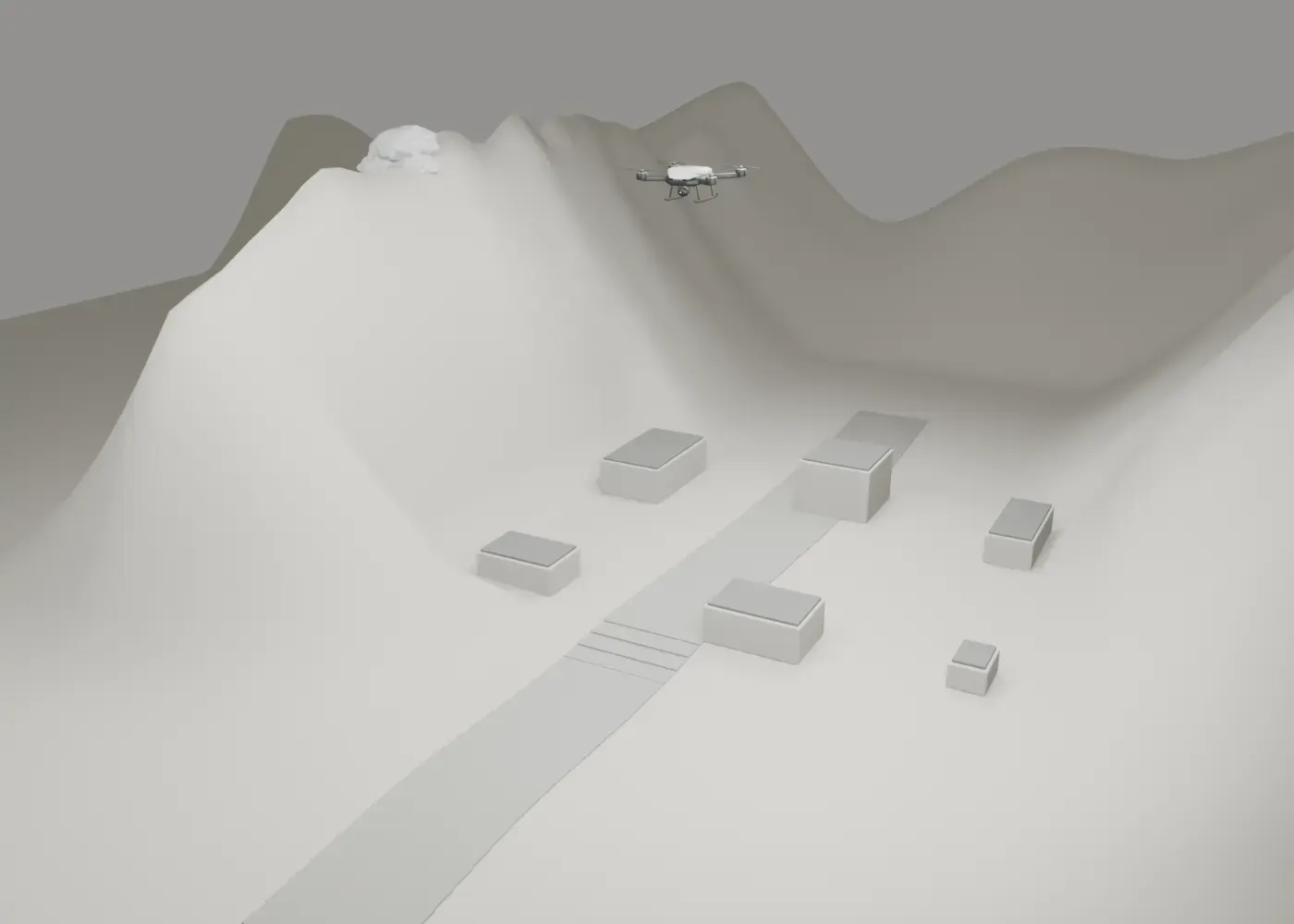 Authored terrain and site geometry. This is an illustrative landscape.