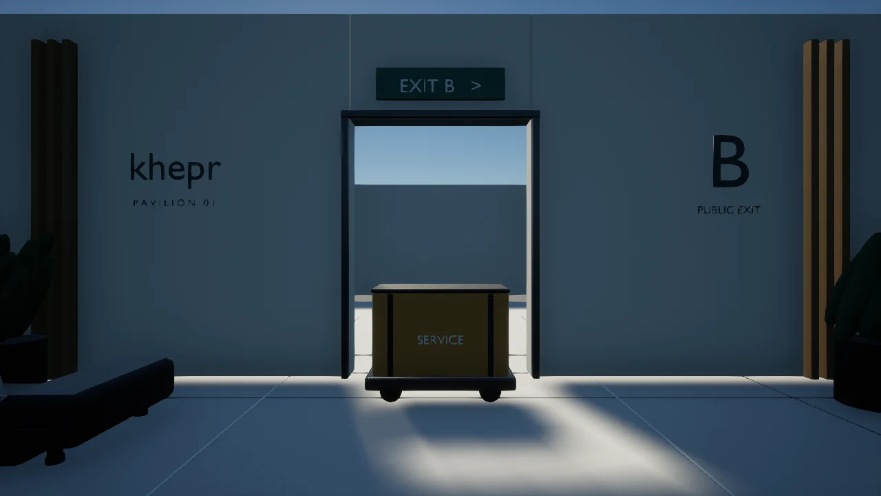 Recorded fictional KHEPR pavilion with a service cart in front of Exit B