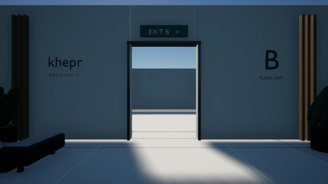 Recorded camera view of the fictional pavilion exit without the service cart