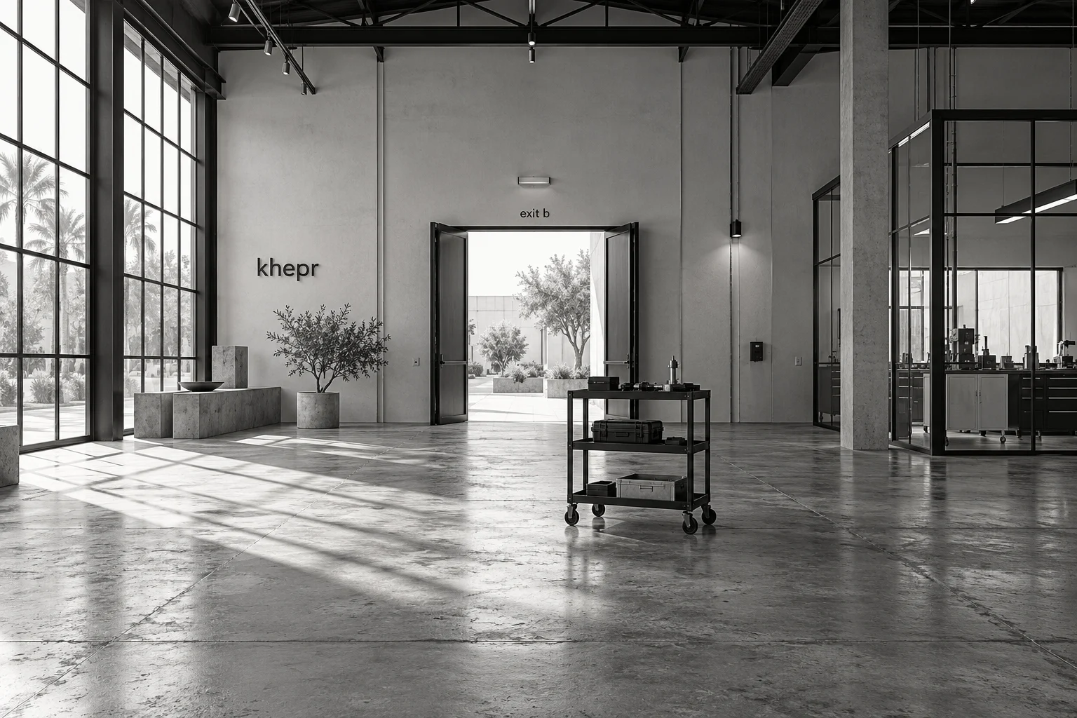 AI-generated first-person scene inside a KHEPR industrial pavilion, with a utility cart near Exit B